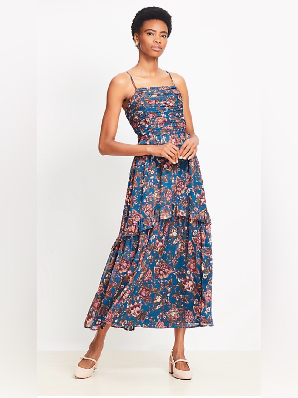 Loft Floral Smocked Strappy Maxi Dress‎ in Underwater Teal Size Small NEW